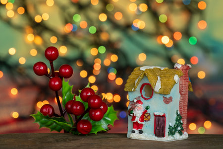Christmas ornaments on abstract bluered background with copy spaceの写真素材