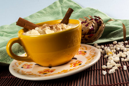 Typical Brazilian sweet dessert, Canjica. White corn porridge with cinnamon and coconut. Consumed in June festivities (Festa Junina)の写真素材