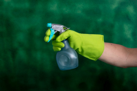 Hand with protective glove holding packaging of cleaning products used for home hygiene in a green backgroundの写真素材