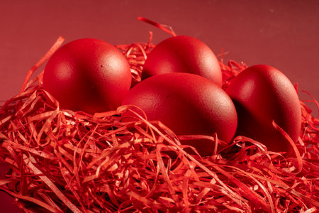 Colored eggs symbolize Easter in shades of red on strawの写真素材