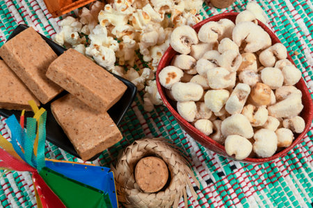 Typical food of the Brazilian Junino Festival on printed fabric Festa Juninaの写真素材