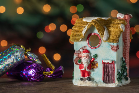 Christmas ornaments on abstract bluered background with copy spaceの写真素材