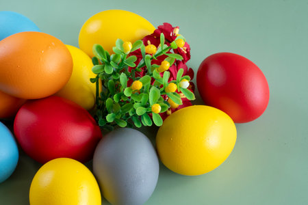 colorful eggs symbolize easter. Easter minimal concept. Creative Happy Easter, spring layout.の写真素材