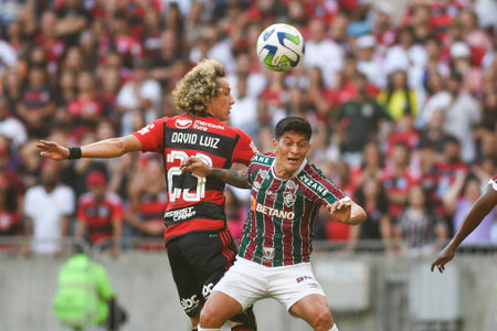 Rio, Brazil - July 16, 2023, David Luiz and German Cano (Forward) player in match between Fluminense vs Flamengo by Brazil Cup of 15th round, in Maracana Stadiumのeditorial素材