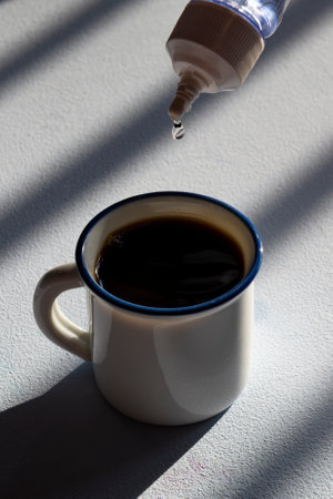 person sweetening coffee with liquid sweetener, scene showing cup and flaskの写真素材