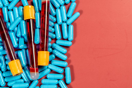 Red and blue pills and test tube with blood sample on red backgroundの写真素材