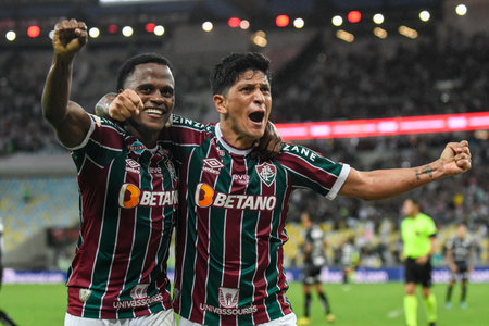 Rio, Brazil - July 29, 2023, German Cano and John Arias player celebrate in match between Fluminense vs Santos by Brazilian Championship, round 17 in Maracana Stadiumのeditorial素材