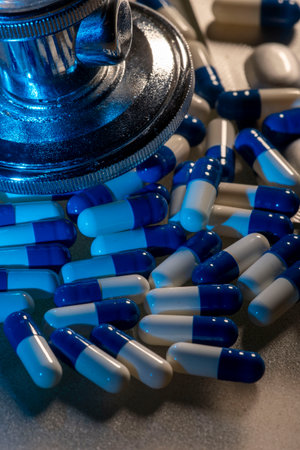 stethoscope and medicine capsules symbolizing medicine and medical consultationの写真素材