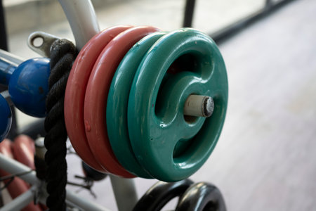 Close up of a dumbbells in a fitness center, selective focusの写真素材