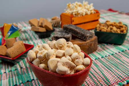 Typical food of the Brazilian Junino Festival on printed fabric Festa Juninaの写真素材