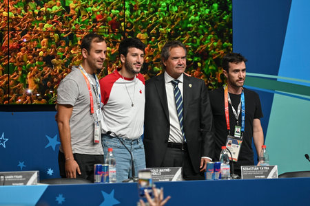 Santiago, Chile - October 19, 2023: Press conference with Colombian singer Sebastian Yatra, who performs the main show at the opening of the Pan-American games held at the National Stadiumのeditorial素材