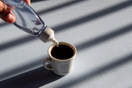 person sweetening coffee with liquid sweetener, scene showing cup and flaskの写真素材