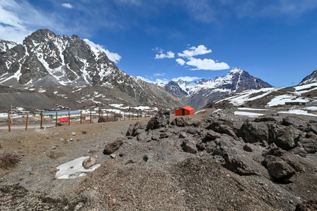 View of mountains in the Andes mountain range near Portillo in summer with little snowの写真素材