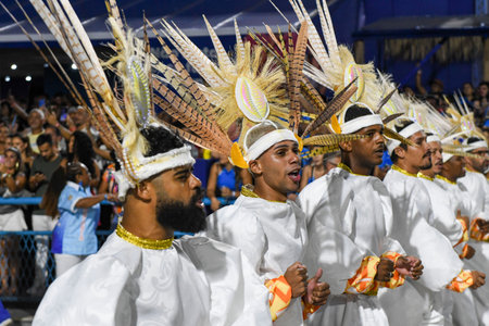 Rio, Brazil - February 10, 2024: Parades of the samba schools Uniao da Ilha of the gold series,...