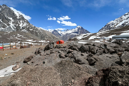 View of mountains in the Andes mountain range near Portillo in summer with little snowの写真素材