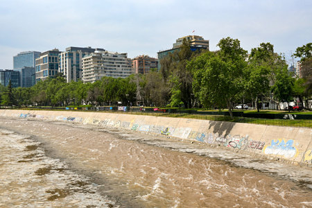 Santiago, Chile, October 22, 2023, city view showing the architecture of the buildings, Mapocho riverのeditorial素材