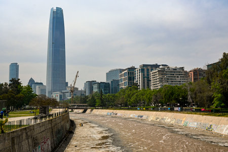 Santiago, Chile, October 22, 2023, city view showing the architecture of the buildings, Mapocho riverのeditorial素材