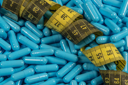 Weight loss blue gelatin pills and measuring tape symbolizing slimming