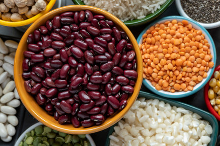 several bowls with raw grains for preparing culinary dishes, top view