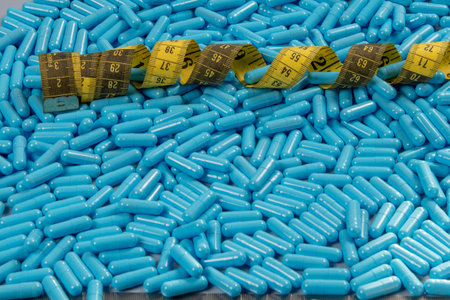 Weight loss blue gelatin pills and measuring tape symbolizing slimming