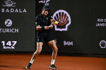Rio de Janeiro, Brazil - February 19, 2026: Joao Fonseca in action on Guga Kuerten Court during the...