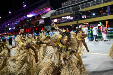 Rio de Janeiro, Brazil - February 13, 2026: A performer from UniÃ£o do Parque Acari samba school...