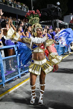 Rio de Janeiro, Brazil - February 13, 2026: A performer from Unidos de Padre Miguel samba school...