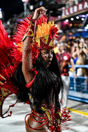Rio de Janeiro, Brazil - February 13, 2026: A performer from Unidos de Padre Miguel samba school...