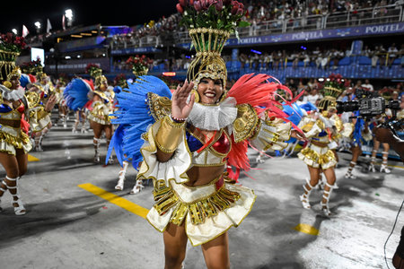 Rio de Janeiro, Brazil - February 13, 2026: A performer from Unidos de Padre Miguel samba school...