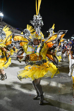 Rio de Janeiro, Brazil - February 13, 2026: A performer from UniÃ£o da Ilha do Governador samba...