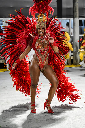Rio de Janeiro, Brazil - February 13, 2026: A performer from UniÃ£o da Ilha do Governador samba...