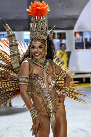 Rio de Janeiro, Brazil - February 13, 2026: A performer from UniÃ£o da Ilha do Governador samba...