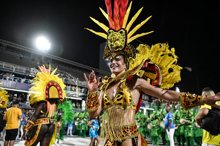 Rio de Janeiro, Brazil - February 13, 2026: A performer from Academicos de Vigario Geral samba...