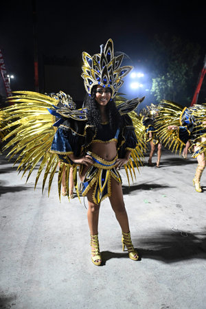 Rio de Janeiro, Brazil - February 14, 2026: A performer from Em Cima da Hora samba school parades at...