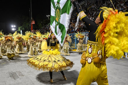 Rio de Janeiro, Brazil - February 14, 2026: A performer from Imperio Serrano samba school parades at...