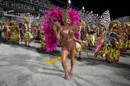 Rio de Janeiro, Brazil - February 14, 2026: A performer from the EstÃ¡cio de SÃ¡ samba school...