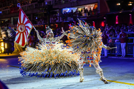 Rio de Janeiro, Brazil - February 14, 2026: A performer from UniÃ£o MaricÃ¡ samba school parades...