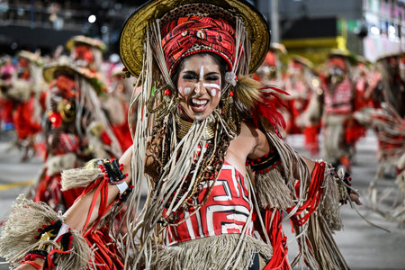 Rio de Janeiro, Brazil - February 14, 2026: A performer from UniÃ£o MaricÃ¡ samba school parades...