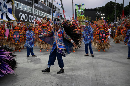 Rio de Janeiro, Brazil - February 14, 2026: A performer from Unidos da Ponte samba school parades at...
