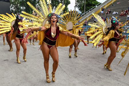 Rio de Janeiro, Brazil - February 14, 2026: A performer from Unidos da Ponte samba school parades at...