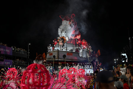 Rio de Janeiro, Brazil - February 14, 2026: A performer from Unidos do Porto da Pedra samba school...