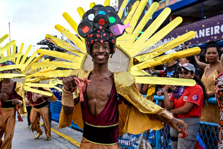 Rio de Janeiro, Brazil - February 14, 2026: A performer from Unidos da Ponte samba school parades at...
