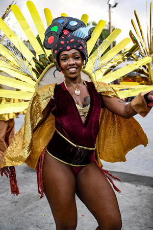Rio de Janeiro, Brazil - February 14, 2026: A performer from Unidos da Ponte samba school parades at...