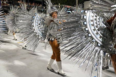 Rio de Janeiro, Brazil - February 15, 2026: A performer from Academicos de Niteroi samba school...