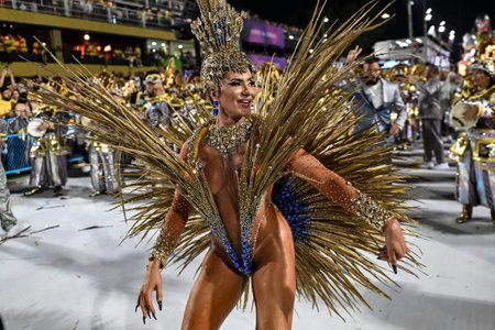 Rio de Janeiro, Brazil - February 15, 2026: A performer from Academicos de Niteroi samba school...