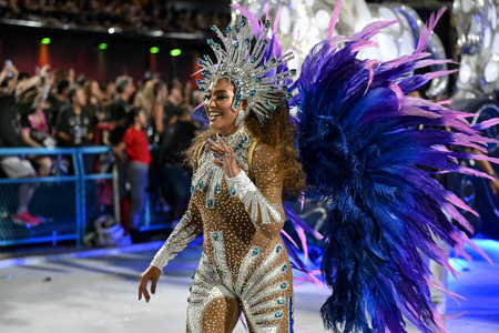 Rio de Janeiro, Brazil - February 15, 2026. A performer Portela samba school parades at the...