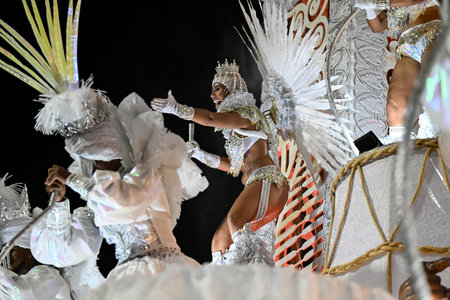 Rio de Janeiro, Brazil - February 15, 2026. A performer Portela samba school parades at the...