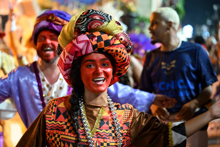Rio de Janeiro, Brazil - February 15, 2026. A performer Portela samba school parades at the...