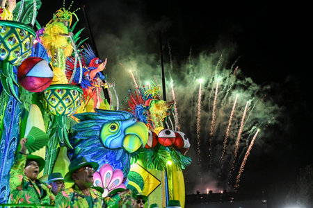 Rio de Janeiro, RJ-Brazil - February 16th 2026, A large, brightly colored float decorated with a...