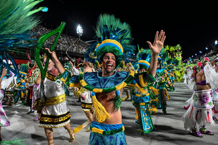 Rio de Janeiro, RJ-Brazil - February 16th 2026, A man wearing a detailed carnival costume with...